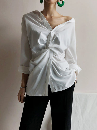 Camisa Suelta con Cuello en V Irregular - Primavera