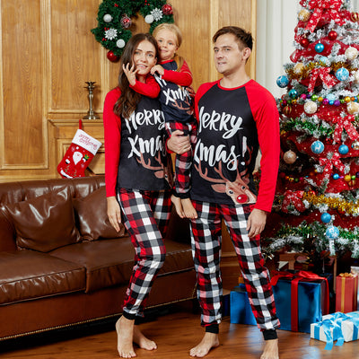 Black and red long-sleeve Christmas top with reindeer and "Merry Xmas!" text, paired with red, black, and white plaid pants. - Image 2