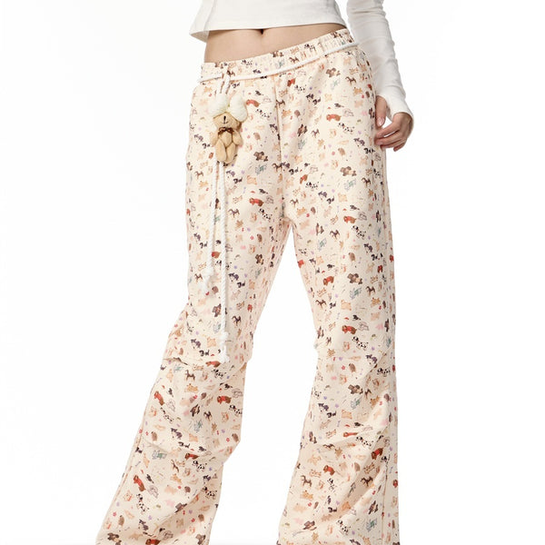 Pantalones Anchos Casuales con Estampado de Cachorro Dibujado a Mano