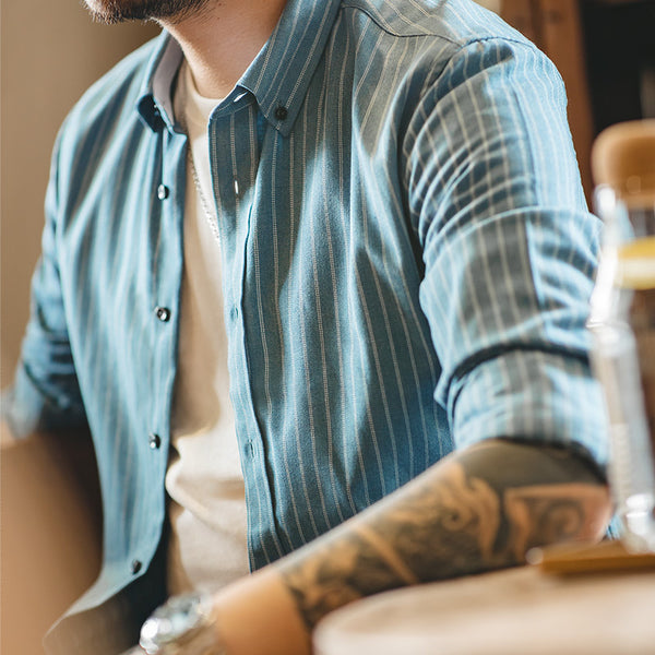 Camisa Retro Americana Madden Workwear a Rayas Verticales Azul Índigo