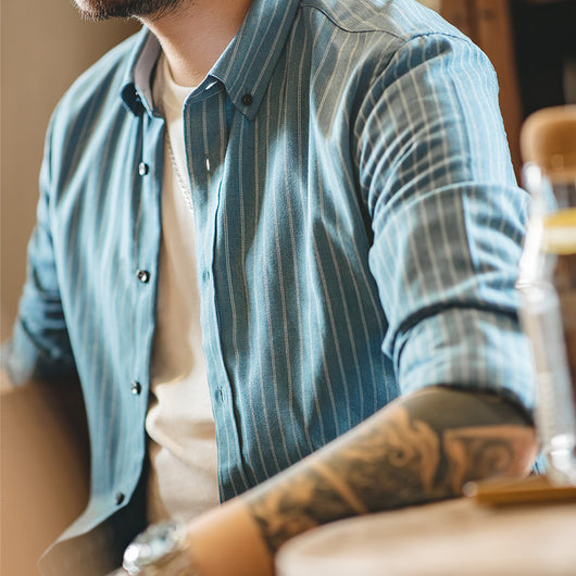 Camisa Retro Americana Madden Workwear a Rayas Verticales Azul Índigo