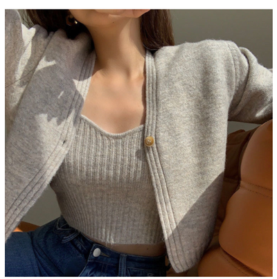 Conjunto de Suéter Tejido Escote V Versión Coreana para Otoño e Invierno - Image 7