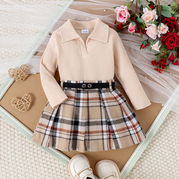Conjunto Elegante de Otoño e Invierno para Niñas con Falda Plisada de Manga Larga