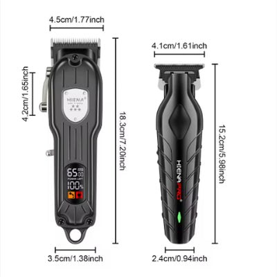Professional hair clipper set featuring a larger black clipper with an LCD display and a smaller black trimmer, with dimensions. - Image 5