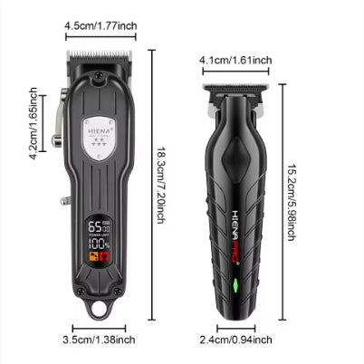 Professional hair clipper set featuring a larger black clipper with an LCD display and a smaller black trimmer, with dimensions. - Image 5
