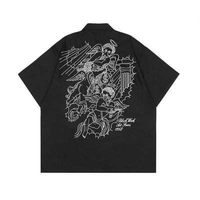 Camisa Manga Corta Hombre Verano Estilo Japonés Bordado Ángel Street - Image 8