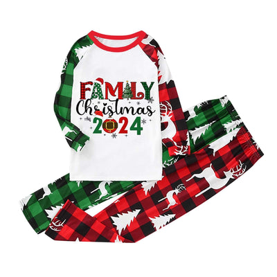 Matching family Christmas pajamas with red and green plaid, deer, and Christmas tree patterns, featuring "FAMILY Christmas 2024" text. - Image 4