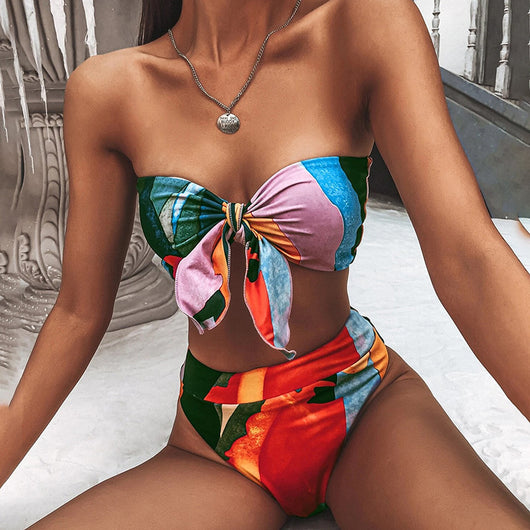 Bikini Estampado con Nudo Cintura Alta Corte Dividido - Image 14