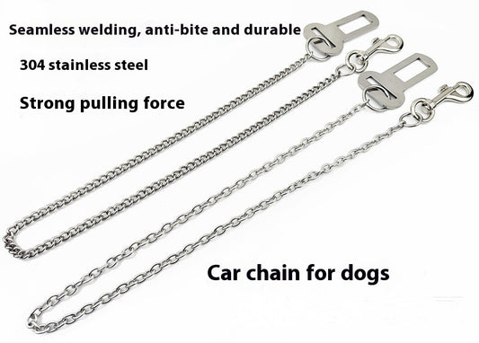 Stainless steel pet safety chain with a swivel snap hook and a seatbelt buckle attachment on a white background. - Image 2