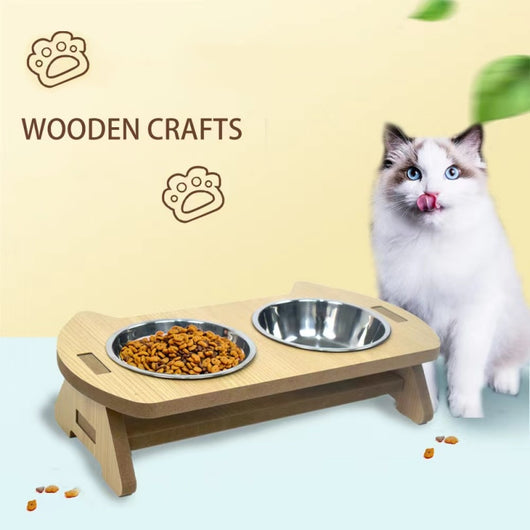 Comedero Doble para Gatos de Madera con Protección Cervical y Tazones Antivuelco