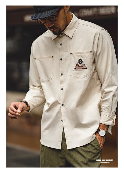 Camisa Manga Larga Estilo Retro con Totem Indígena Crema - Image 11