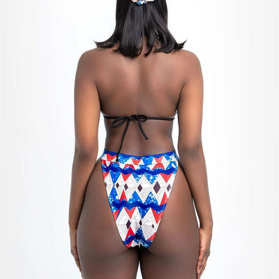Red, white, and blue geometric print bikini with a triangle top and high-waisted, high-cut bottom. - Image 7