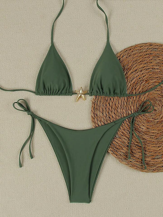 White women's bikini with triangle top and tie-side bottom, featuring a gold starfish charm on the center front. - Image 11