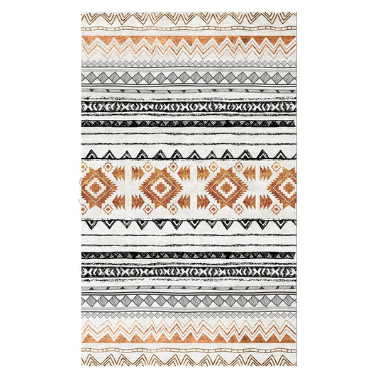 Rectangular area rug with white background and horizontal stripes of black, teal, and yellow tribal patterns. - Image 2