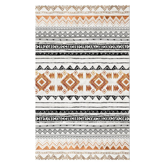 Rectangular area rug with white background and horizontal stripes of black, teal, and yellow tribal patterns. - Image 2