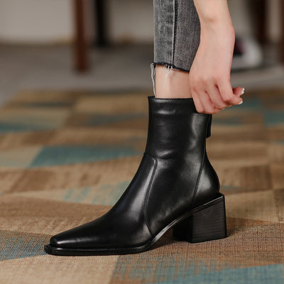 Botines de Cuero con Tacón Grueso y Punta Cuadrada para Mujer - Image 11