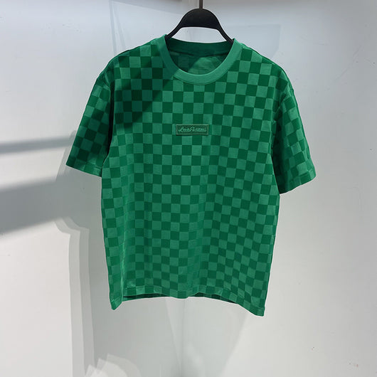 Playera Casual de Cuadros Verde con Cuello Redondo