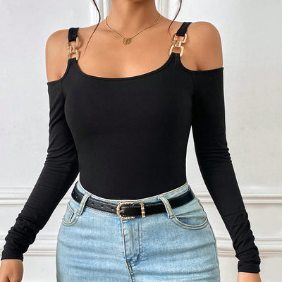 Blusa Sexy Tirantes Metálicos Hombro Descubierto Manga Larga - Image 12