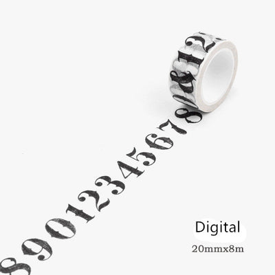 Washi tape with a black gothic-style alphabet letter pattern on a white background, showing a partial alphabet. - Image 2