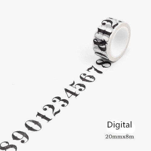 Washi tape with a black gothic-style alphabet letter pattern on a white background, showing a partial alphabet. - Image 2