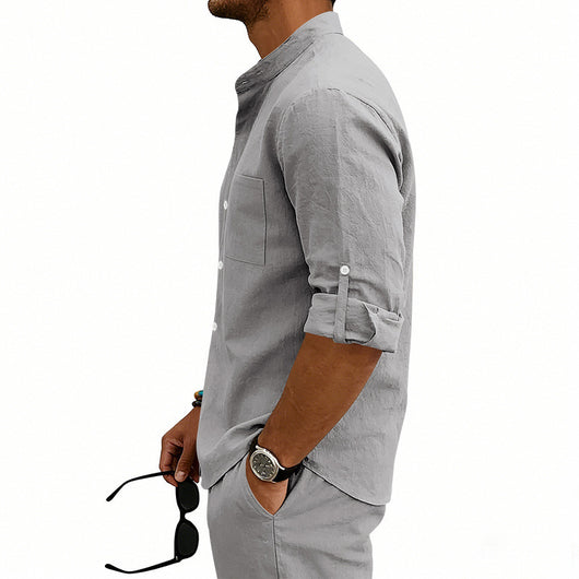 Camisa de Lino Estilo Americano con Cuello Mao y Mangas Medianas para Hombre - Image 28