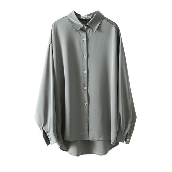 Blusa Suelta de Manga Larga Color Sólido con Drapeado Elegante