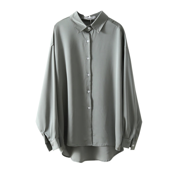 Blusa Suelta de Manga Larga Color Sólido con Drapeado Elegante
