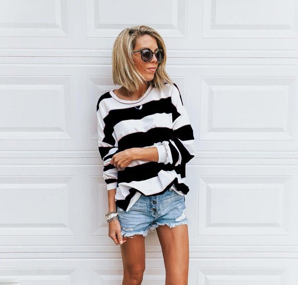 Blusa Holgada de Rayas Estampadas Manga Larga Cuello Redondo