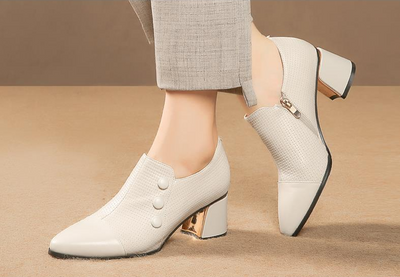 Zapatos de Tacón Grueso Punta Fina Talla Grande Mujer - Blanco Crema - Image 15