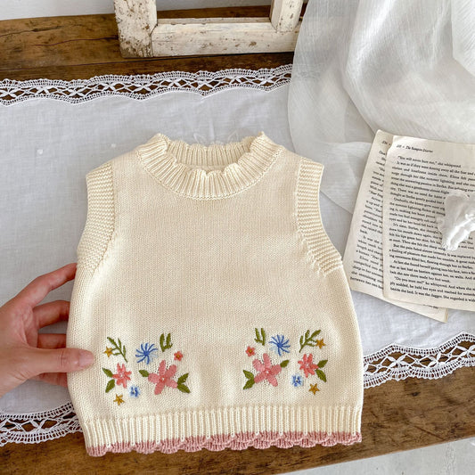 Chaleco Infantil de Cuello Redondo con Bordado Otoñal