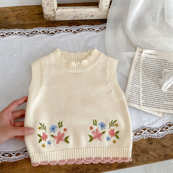 Chaleco Infantil de Cuello Redondo con Bordado Otoñal