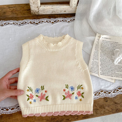 Chaleco Infantil de Cuello Redondo con Bordado Otoñal