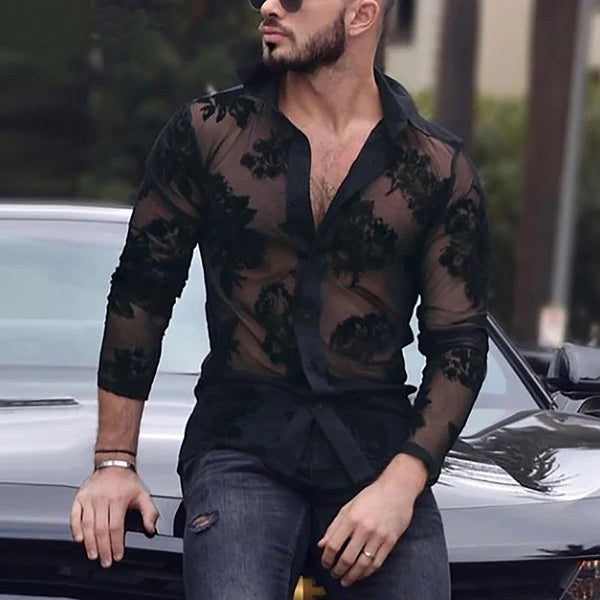 Camisa de Malla Transpirable con Encaje de Manga Larga para Hombre
