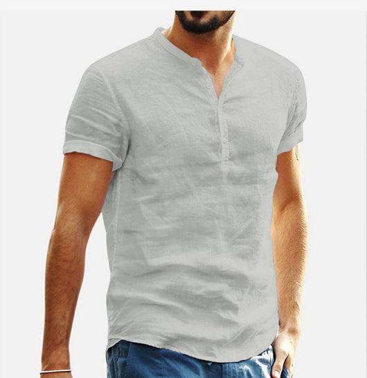 Camisa de Cuello Parado Algodón y Lino Manga Corta - Image 11