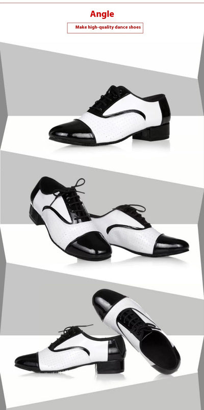 Zapatos de Baile Latino para Hombre Cuero Negro y Blanco Profesionales - Image 8