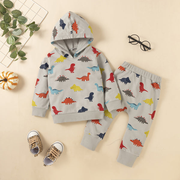 Conjunto de Sudadera con Capucha y Pantalón Estampado Dinosaurios para Otoño e Invierno