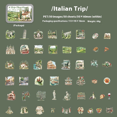 Set of 50 PET stickers featuring watercolor illustrations of a Greece tour, including buildings, landscapes, and food. - Image 11