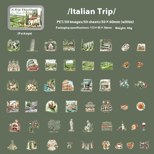 Set of 50 PET stickers featuring watercolor illustrations of a Greece tour, including buildings, landscapes, and food. - Image 11