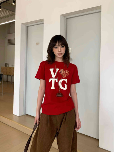 Camiseta Retro Suelta con Estampado de Carta de Amor para Mujer - Image 2