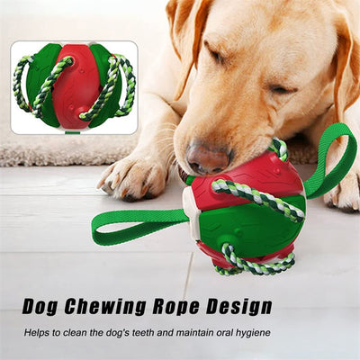Red and green interactive dog football soccer ball with rope and fabric tabs for training and outdoor play. - Image 4