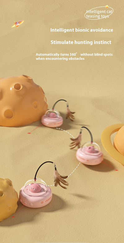 Pink electric UFO cat teaser toy with a clear dome, a cute pink cat head, and a feather wand with a bell. - Image 13