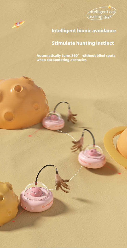Pink electric UFO cat teaser toy with a clear dome, a cute pink cat head, and a feather wand with a bell. - Image 13