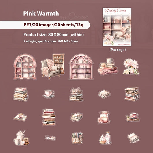 Set of 20 PET stickers featuring watercolor illustrations of cozy reading nooks, bookshelves, books, and related items. - Image 9