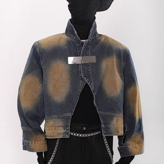 Chaqueta Vaquera Corta Color Block Vintage con Detalles Metálicos