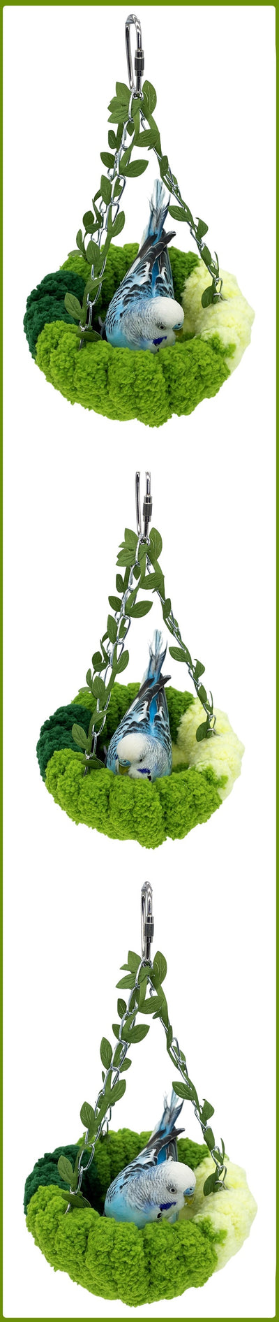Small forest style plush bird hammock in green and yellow, hanging from a chain with artificial leaves. - Image 9