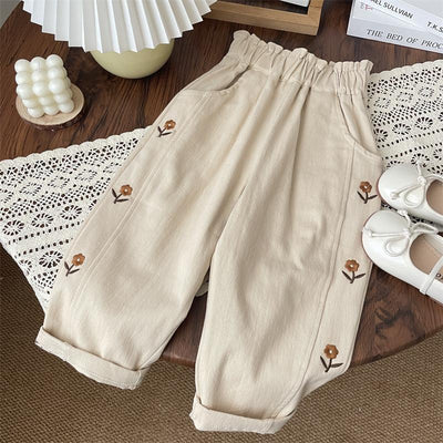 Pantalones Infantiles Cintura Alta con Bordado Floral - Estilo Occidental - Image 4