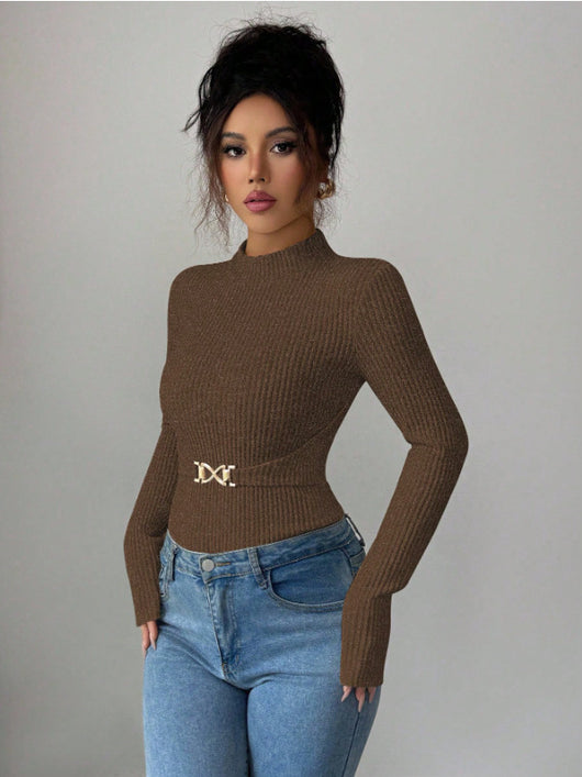 Blusa Base Cuello Mock Ajustada con Mangas Largas para Mujer - Image 6