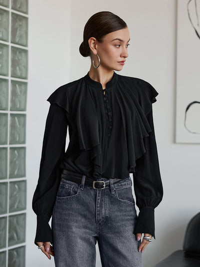 Blusa Negra Elegante con Volantes Drapeados Estilo Palacio - Image 8