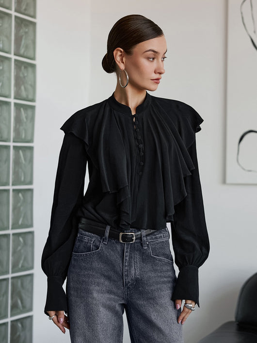 Blusa Negra Elegante con Volantes Drapeados Estilo Palacio - Image 8