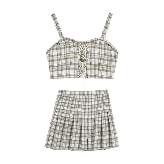 Conjunto Falda Plisada Cuadros Retro con Corpiño y Blusa Protección Solar Estilo Universitario - Image 2